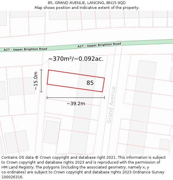 85, GRAND AVENUE, LANCING, BN15 9QD: Plot and title map