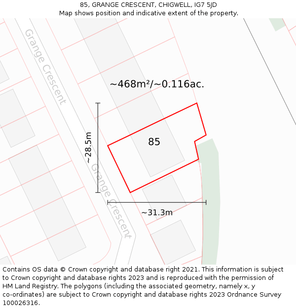 85, GRANGE CRESCENT, CHIGWELL, IG7 5JD: Plot and title map