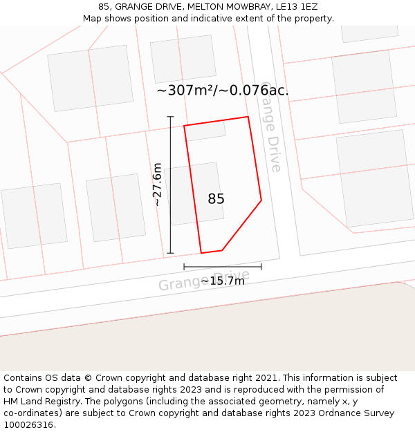 85, GRANGE DRIVE, MELTON MOWBRAY, LE13 1EZ: Plot and title map