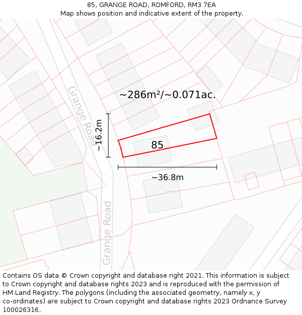 85, GRANGE ROAD, ROMFORD, RM3 7EA: Plot and title map