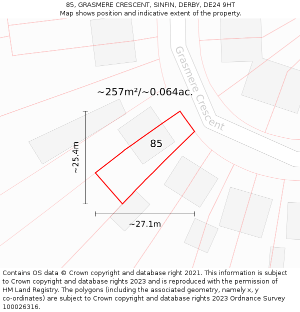 85, GRASMERE CRESCENT, SINFIN, DERBY, DE24 9HT: Plot and title map