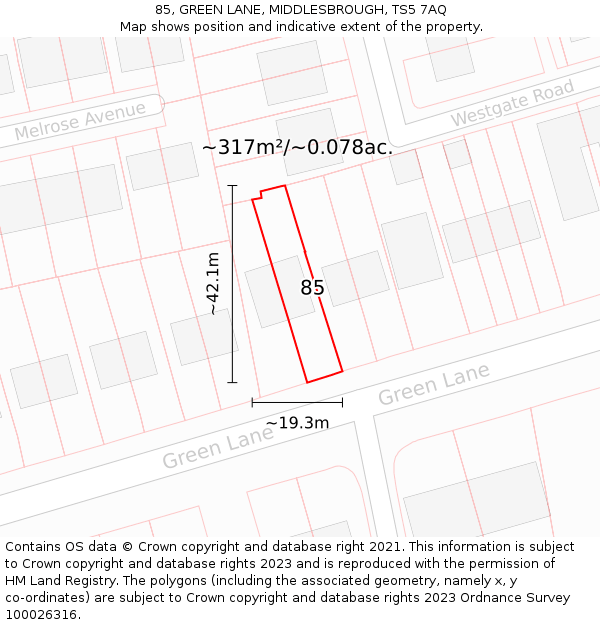 85, GREEN LANE, MIDDLESBROUGH, TS5 7AQ: Plot and title map