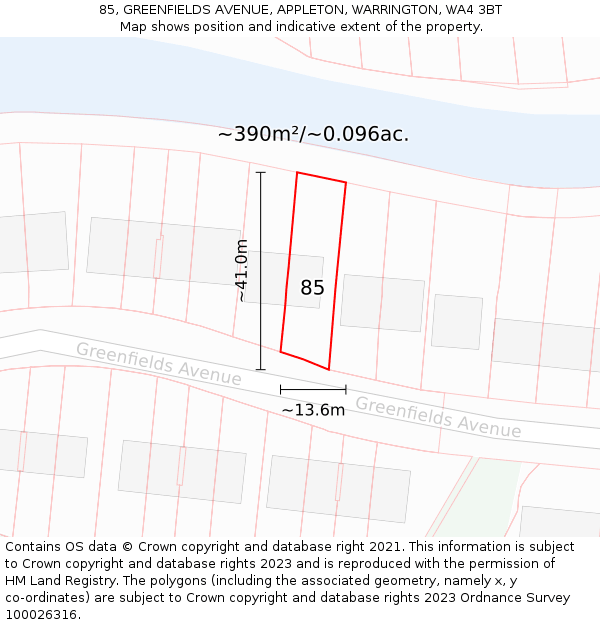 85, GREENFIELDS AVENUE, APPLETON, WARRINGTON, WA4 3BT: Plot and title map