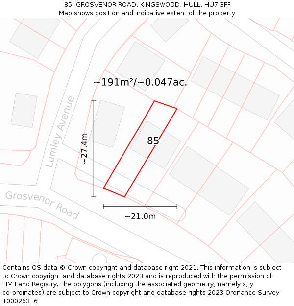 85, GROSVENOR ROAD, KINGSWOOD, HULL, HU7 3FF: Plot and title map
