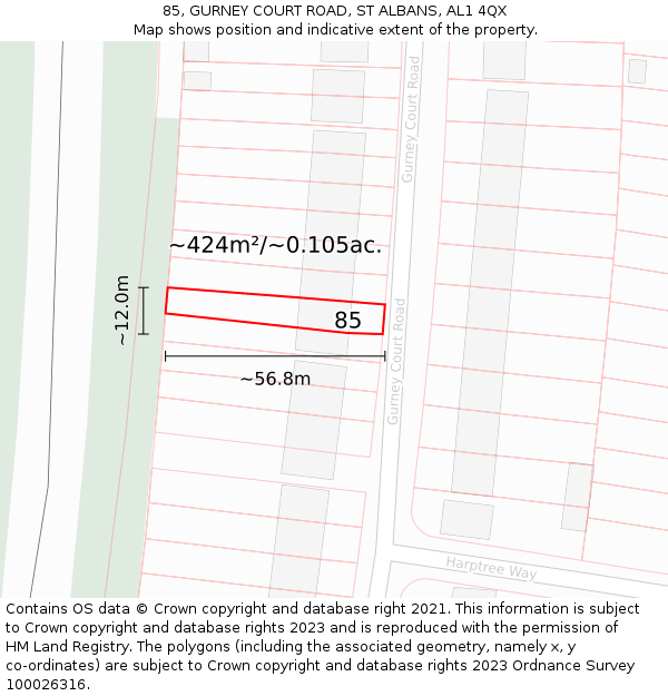 85, GURNEY COURT ROAD, ST ALBANS, AL1 4QX: Plot and title map