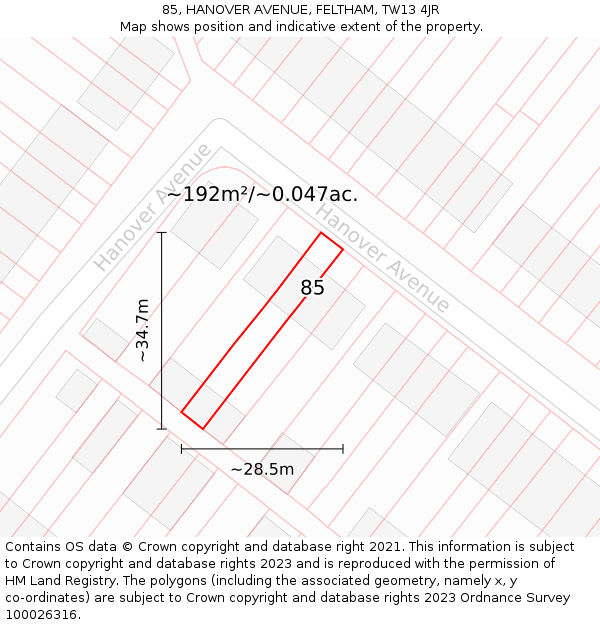 85, HANOVER AVENUE, FELTHAM, TW13 4JR: Plot and title map