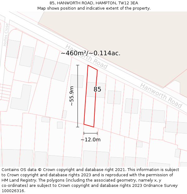 85, HANWORTH ROAD, HAMPTON, TW12 3EA: Plot and title map