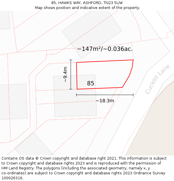 85, HAWKS WAY, ASHFORD, TN23 5UW: Plot and title map