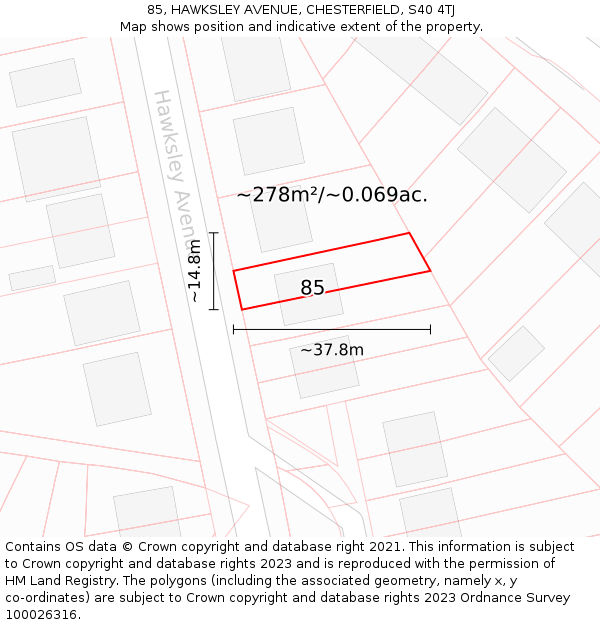 85, HAWKSLEY AVENUE, CHESTERFIELD, S40 4TJ: Plot and title map