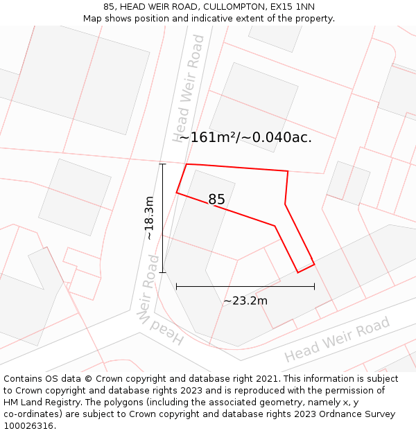 85, HEAD WEIR ROAD, CULLOMPTON, EX15 1NN: Plot and title map