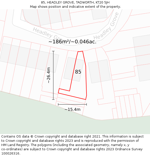 85, HEADLEY GROVE, TADWORTH, KT20 5JH: Plot and title map