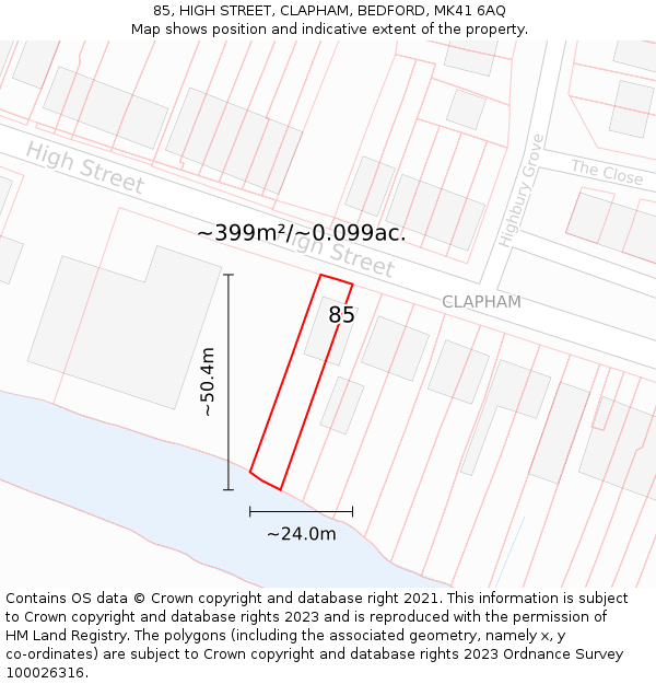 85, HIGH STREET, CLAPHAM, BEDFORD, MK41 6AQ: Plot and title map