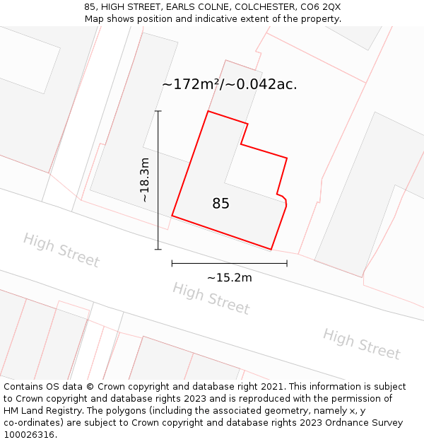 85, HIGH STREET, EARLS COLNE, COLCHESTER, CO6 2QX: Plot and title map