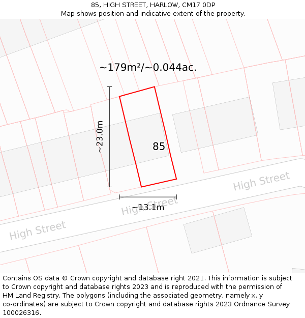 85, HIGH STREET, HARLOW, CM17 0DP: Plot and title map