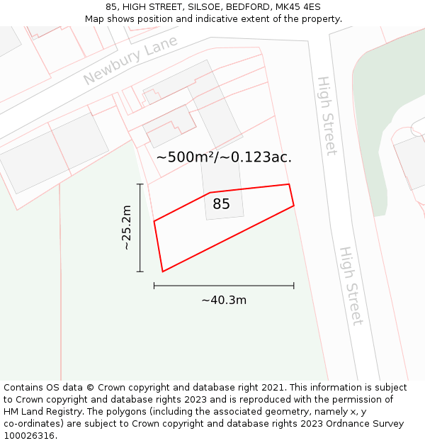 85, HIGH STREET, SILSOE, BEDFORD, MK45 4ES: Plot and title map