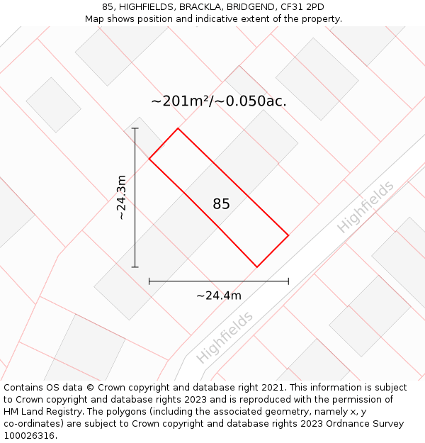 85, HIGHFIELDS, BRACKLA, BRIDGEND, CF31 2PD: Plot and title map