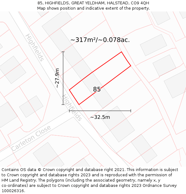 85, HIGHFIELDS, GREAT YELDHAM, HALSTEAD, CO9 4QH: Plot and title map