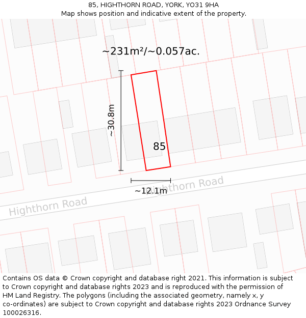 85, HIGHTHORN ROAD, YORK, YO31 9HA: Plot and title map