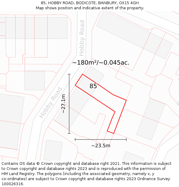 85, HOBBY ROAD, BODICOTE, BANBURY, OX15 4GH: Plot and title map