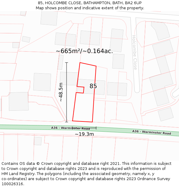 85, HOLCOMBE CLOSE, BATHAMPTON, BATH, BA2 6UP: Plot and title map
