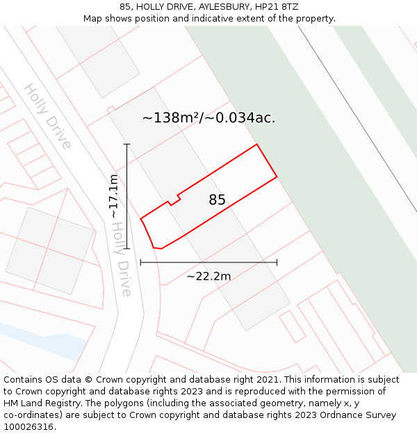 85, HOLLY DRIVE, AYLESBURY, HP21 8TZ: Plot and title map