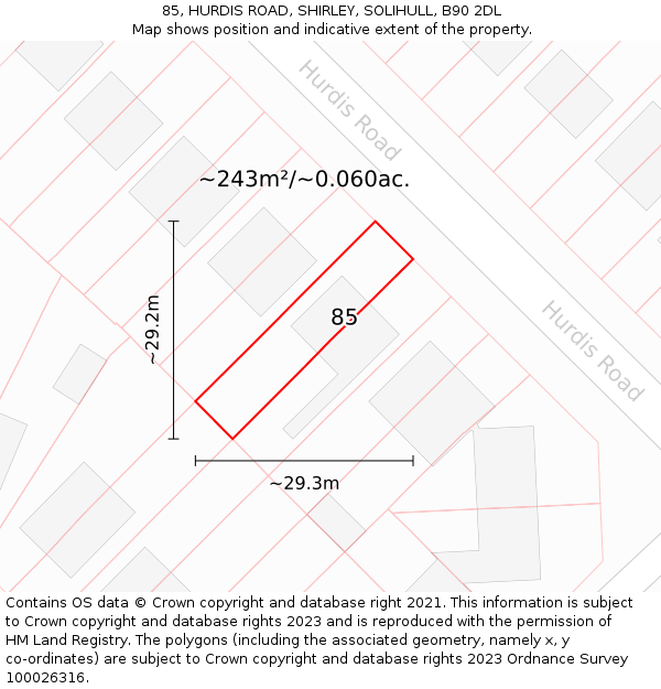85, HURDIS ROAD, SHIRLEY, SOLIHULL, B90 2DL: Plot and title map