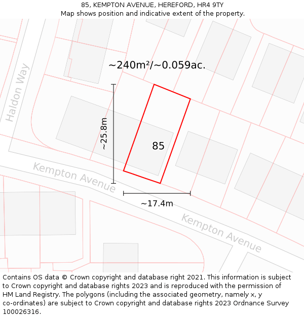 85, KEMPTON AVENUE, HEREFORD, HR4 9TY: Plot and title map