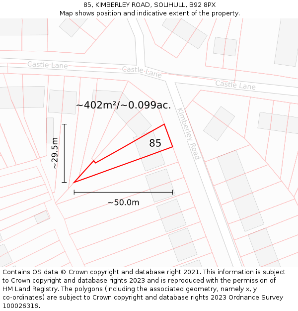 85, KIMBERLEY ROAD, SOLIHULL, B92 8PX: Plot and title map