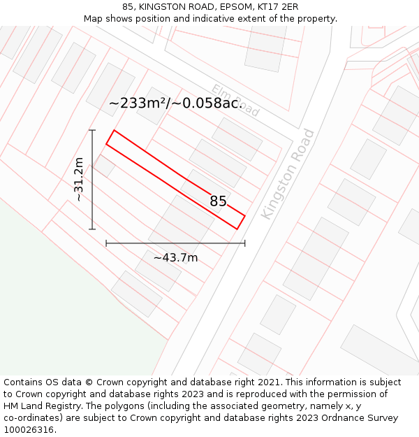 85, KINGSTON ROAD, EPSOM, KT17 2ER: Plot and title map