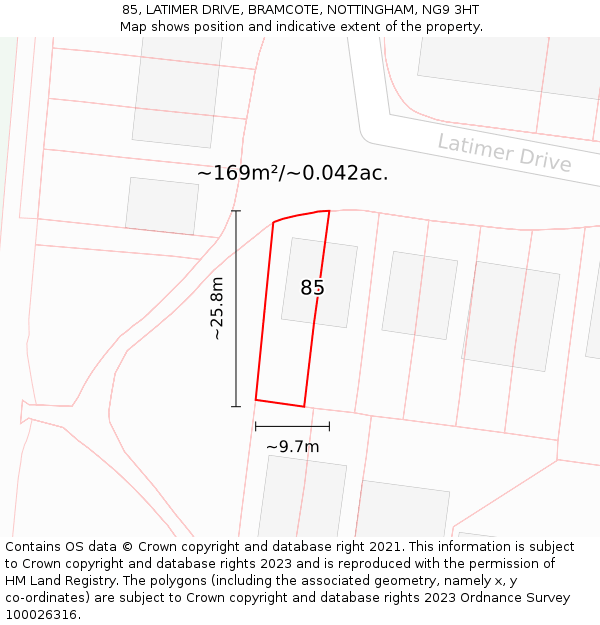 85, LATIMER DRIVE, BRAMCOTE, NOTTINGHAM, NG9 3HT: Plot and title map