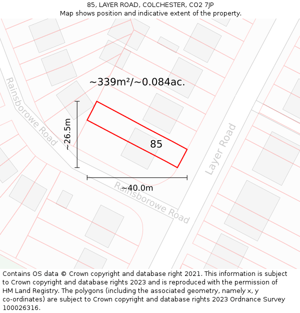 85, LAYER ROAD, COLCHESTER, CO2 7JP: Plot and title map