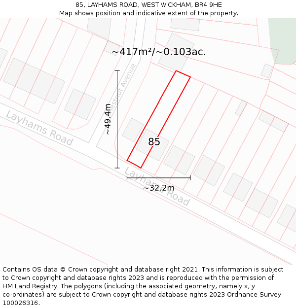 85, LAYHAMS ROAD, WEST WICKHAM, BR4 9HE: Plot and title map