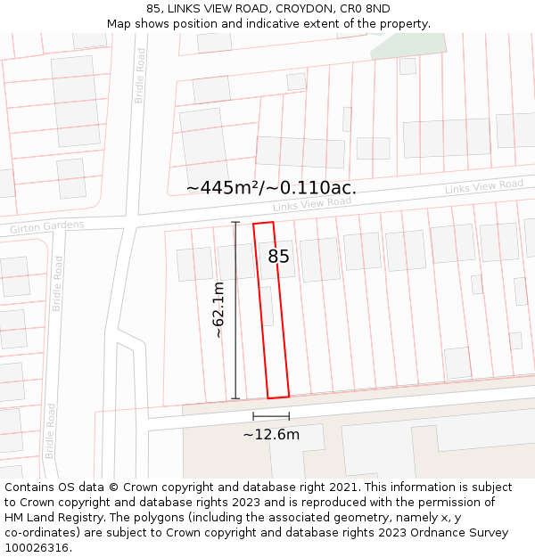 85, LINKS VIEW ROAD, CROYDON, CR0 8ND: Plot and title map