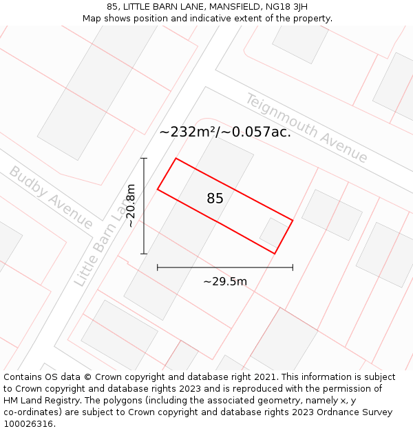 85, LITTLE BARN LANE, MANSFIELD, NG18 3JH: Plot and title map