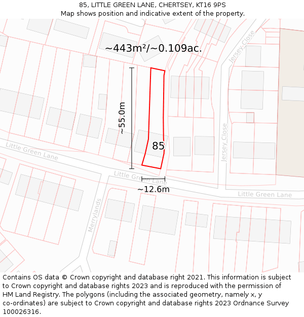 85, LITTLE GREEN LANE, CHERTSEY, KT16 9PS: Plot and title map