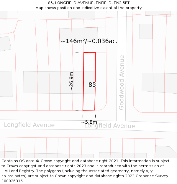 85, LONGFIELD AVENUE, ENFIELD, EN3 5RT: Plot and title map