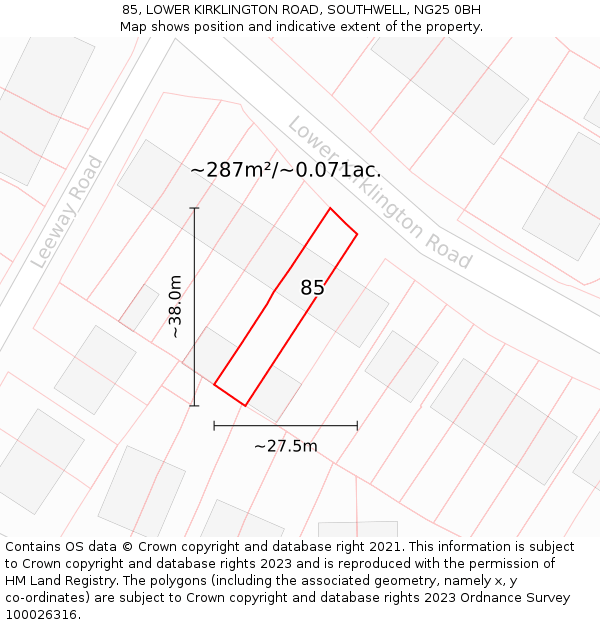 85, LOWER KIRKLINGTON ROAD, SOUTHWELL, NG25 0BH: Plot and title map