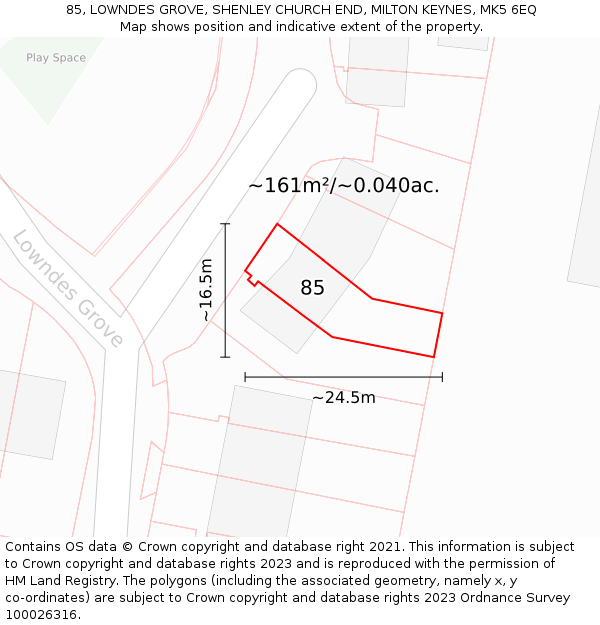 85, LOWNDES GROVE, SHENLEY CHURCH END, MILTON KEYNES, MK5 6EQ: Plot and title map