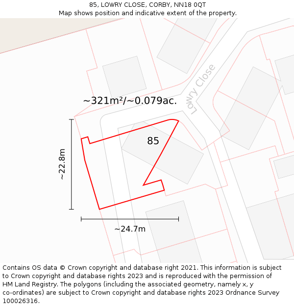 85, LOWRY CLOSE, CORBY, NN18 0QT: Plot and title map