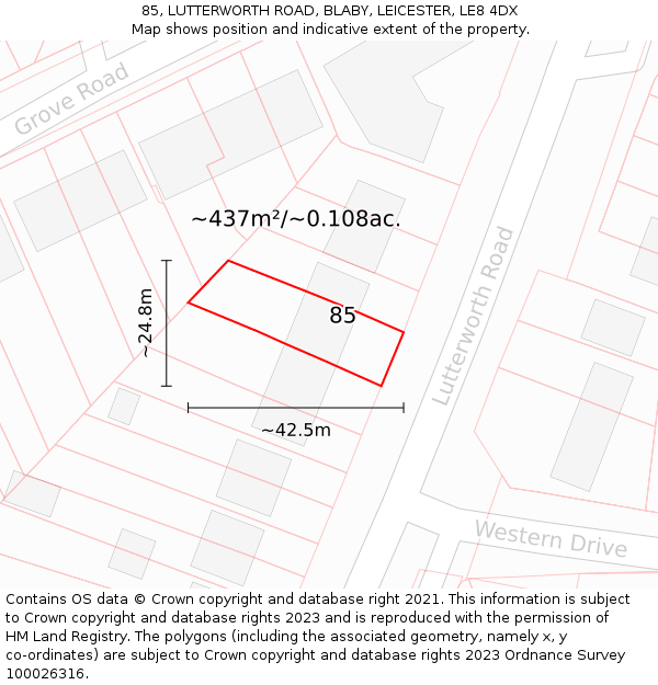 85, LUTTERWORTH ROAD, BLABY, LEICESTER, LE8 4DX: Plot and title map