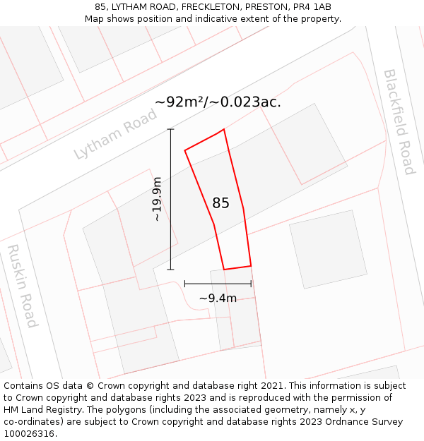 85, LYTHAM ROAD, FRECKLETON, PRESTON, PR4 1AB: Plot and title map
