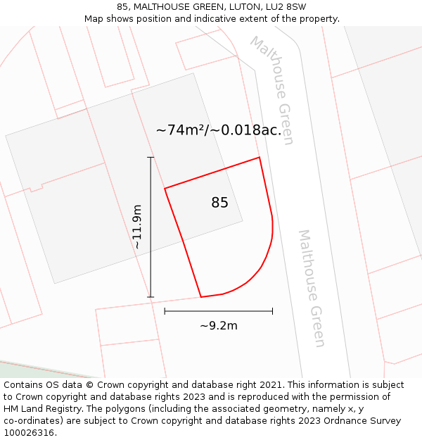 85, MALTHOUSE GREEN, LUTON, LU2 8SW: Plot and title map