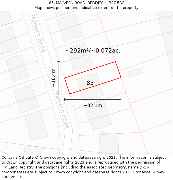 85, MALVERN ROAD, REDDITCH, B97 5DP: Plot and title map