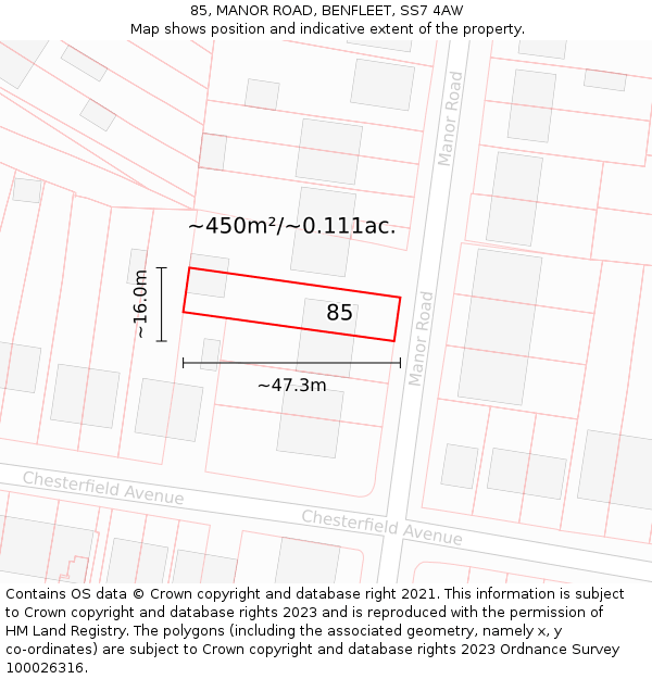 85, MANOR ROAD, BENFLEET, SS7 4AW: Plot and title map
