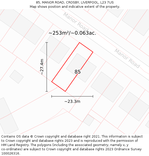 85, MANOR ROAD, CROSBY, LIVERPOOL, L23 7US: Plot and title map