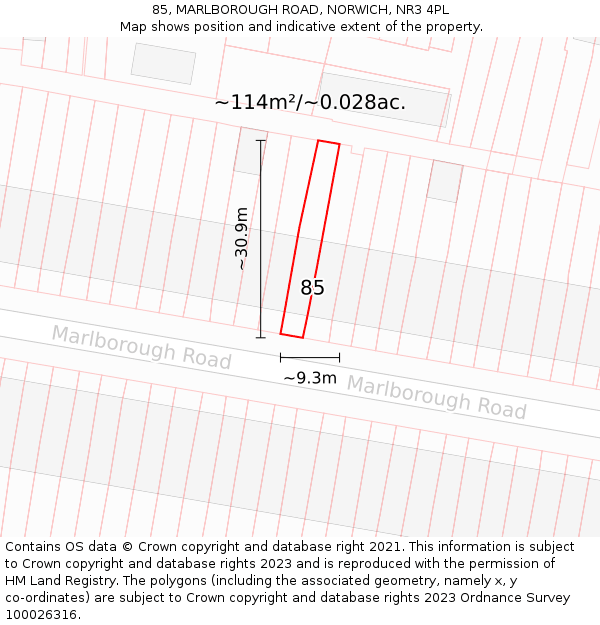 85, MARLBOROUGH ROAD, NORWICH, NR3 4PL: Plot and title map