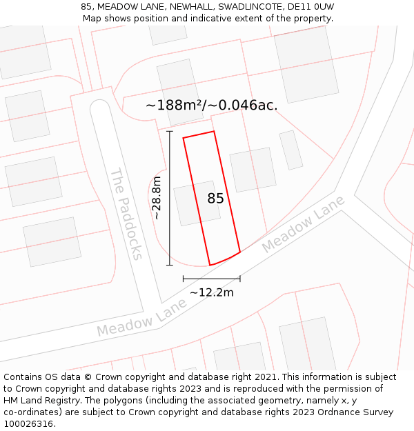 85, MEADOW LANE, NEWHALL, SWADLINCOTE, DE11 0UW: Plot and title map