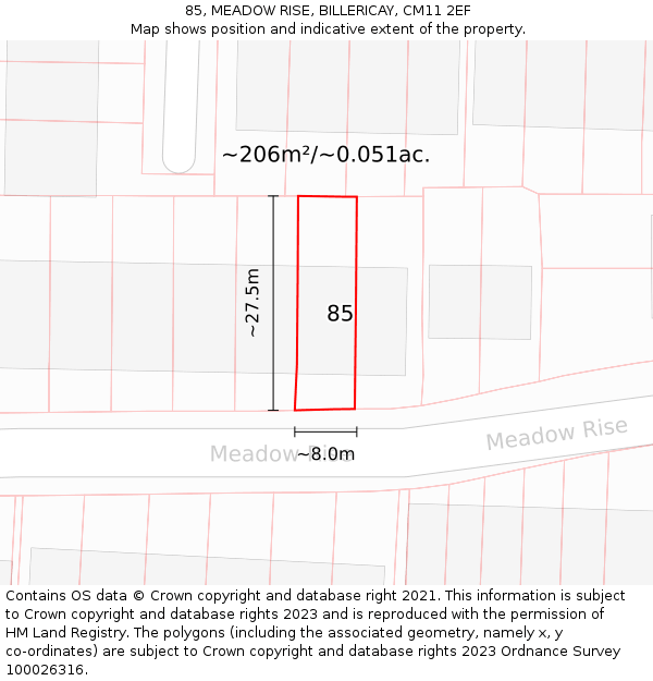 85, MEADOW RISE, BILLERICAY, CM11 2EF: Plot and title map