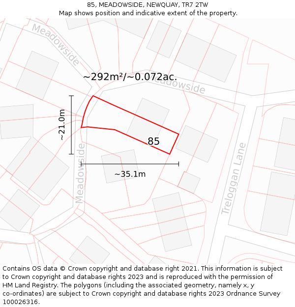 85, MEADOWSIDE, NEWQUAY, TR7 2TW: Plot and title map