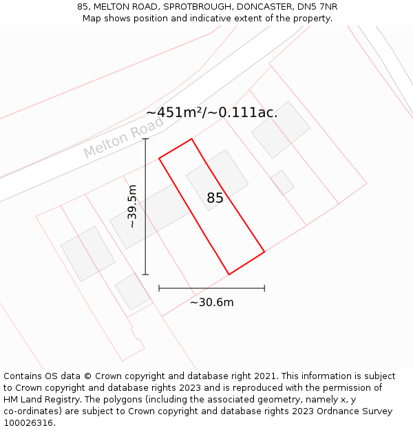 85, MELTON ROAD, SPROTBROUGH, DONCASTER, DN5 7NR: Plot and title map